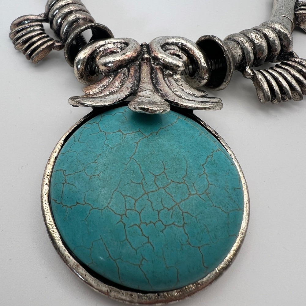 Boho Tribal Silver Tone Faux Turquoise Statement Necklace Snake Chain Scrollwork